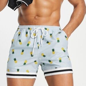 NWT South Beach Pineapple Printed Swim Shorts Blue & Yellow Pockets Sz Xlarge